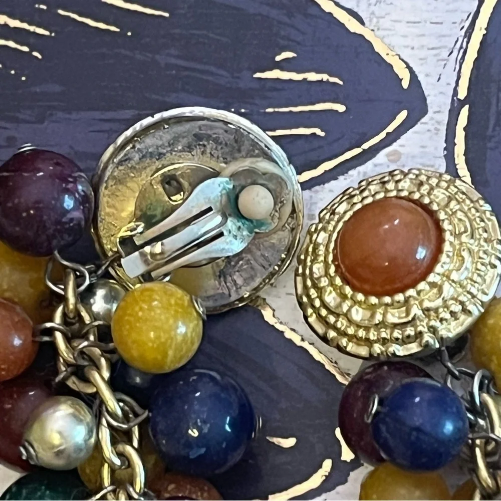 Vintage 80s Chunky Beaded BOLD Acrylic Clip On Earrings Gold and Jewel Tones